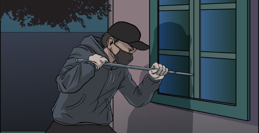 Illustration of burglar forcing entry through a window in Des Moines